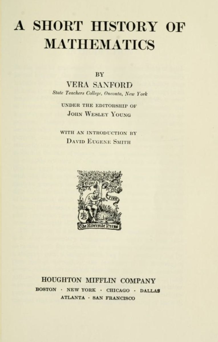 Title page of Vera Sanford's 1930 A Short History of Mathematics.