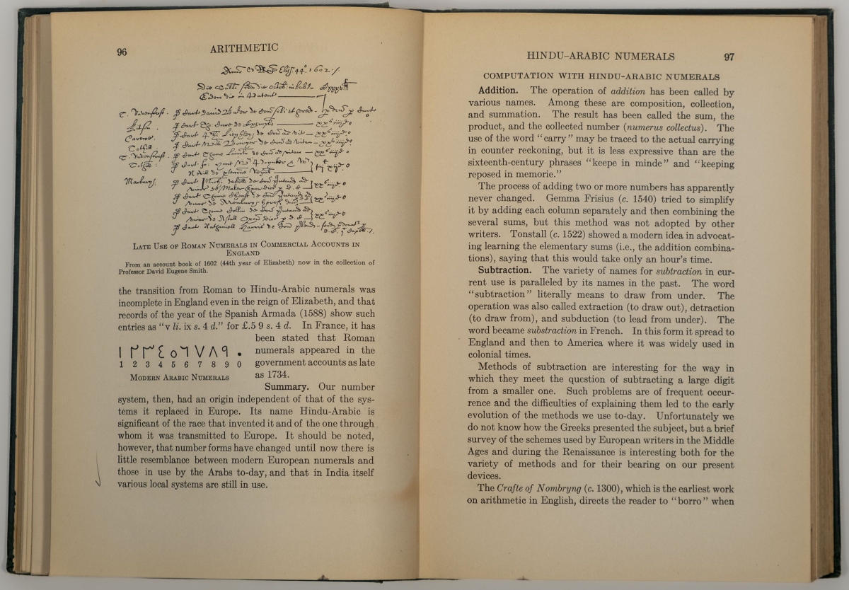 Illustration from a 1602 English commercial account book in Sanford's Short History of Mathematics.