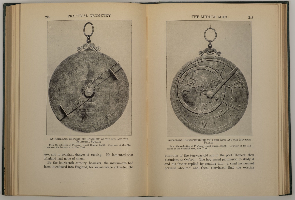 Photographs of astrolabes in the collection of David Eugene Smith, printed in Sanford's Short History of Mathematics.