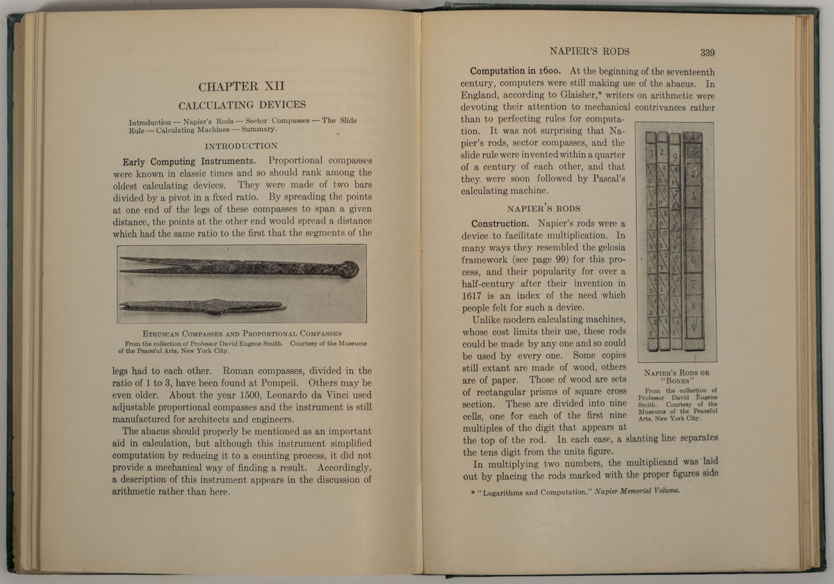 Etruscan compasses and Napier's rods from Smith's collections, included in Sanford's Short History of Mathematics.