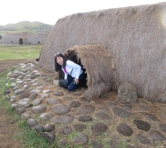 Ximena Catepillan exiting a replica hare paenga.