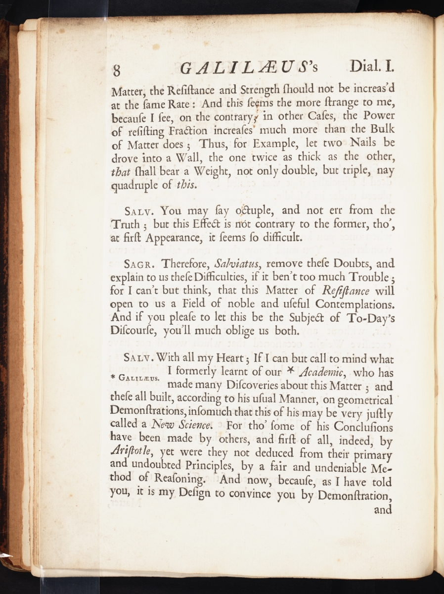 Page 8 from 1730 English translation of Galileo's Two New Sciences.