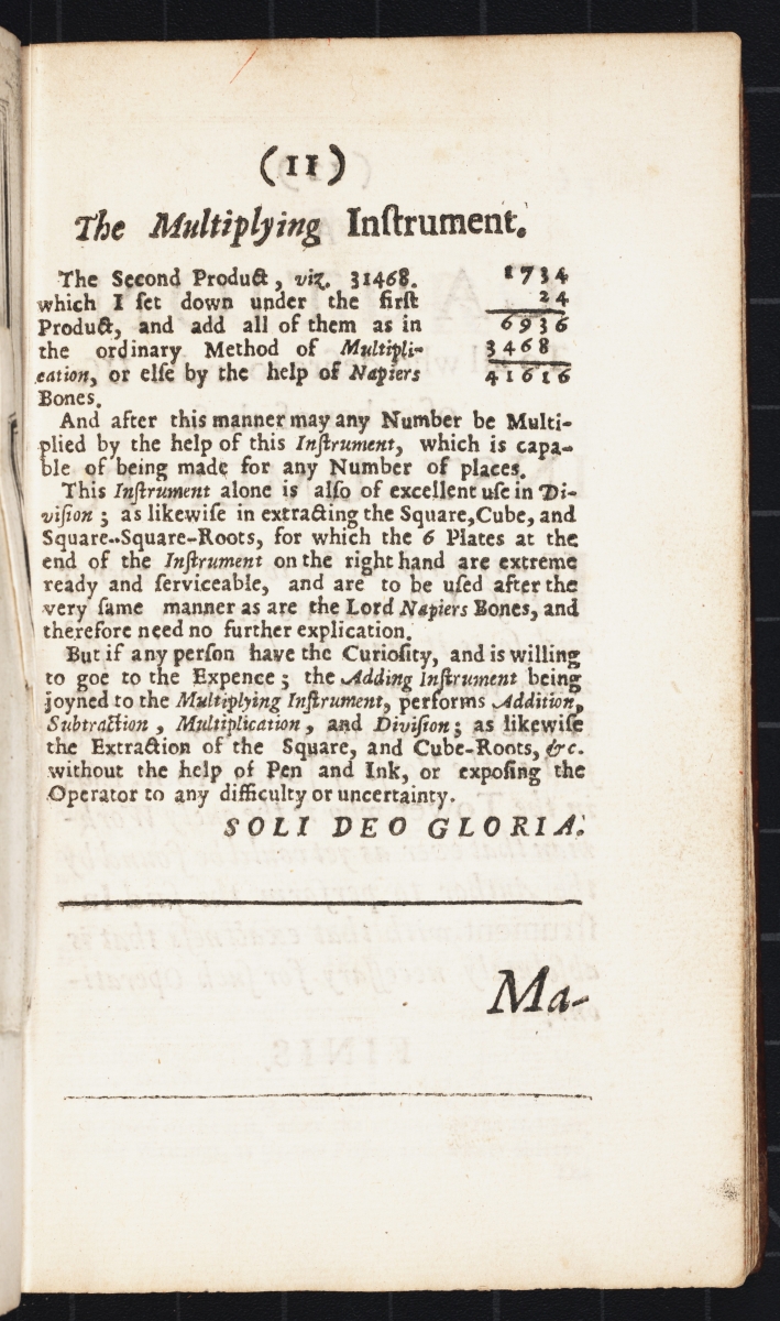 Example of use from Samuel Morland's 1673 The Description and Use of Two Arithmetick Instruments.