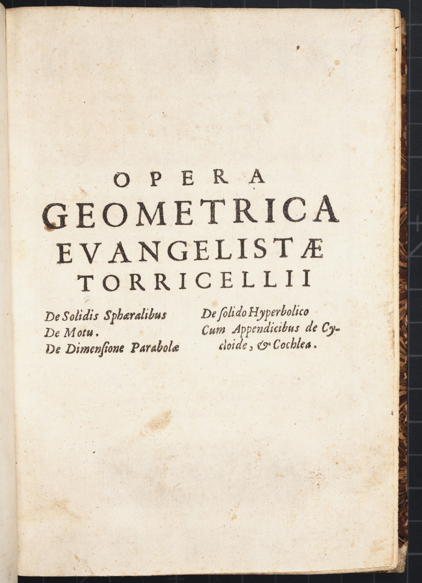 Title page from Torricelli's 1644 Opera Geometrica.