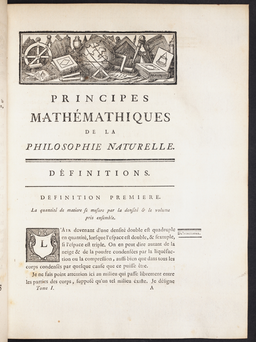 Page 1 of Chatelet's translation of Newton's Principia.