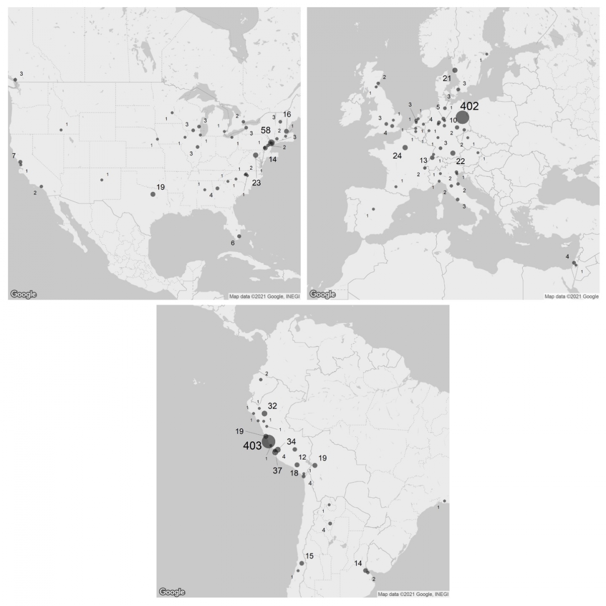 Maps showing locations of Andean khipus in museums and private collections.