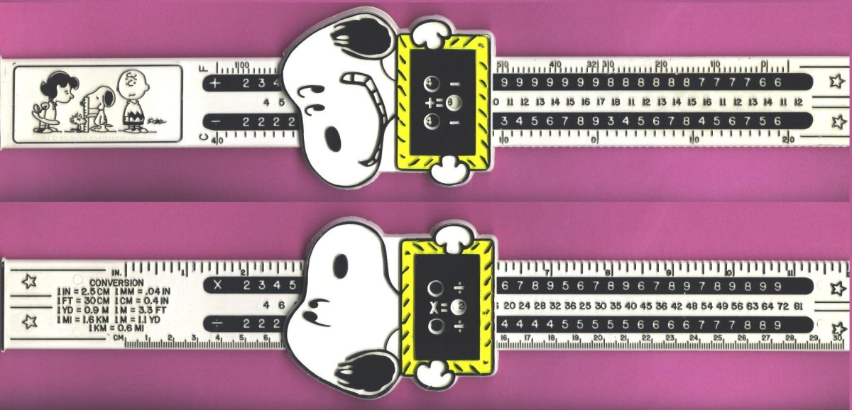 "Slide rule" for addition, subtraction, multiplication, and division branded with Peanuts characters.