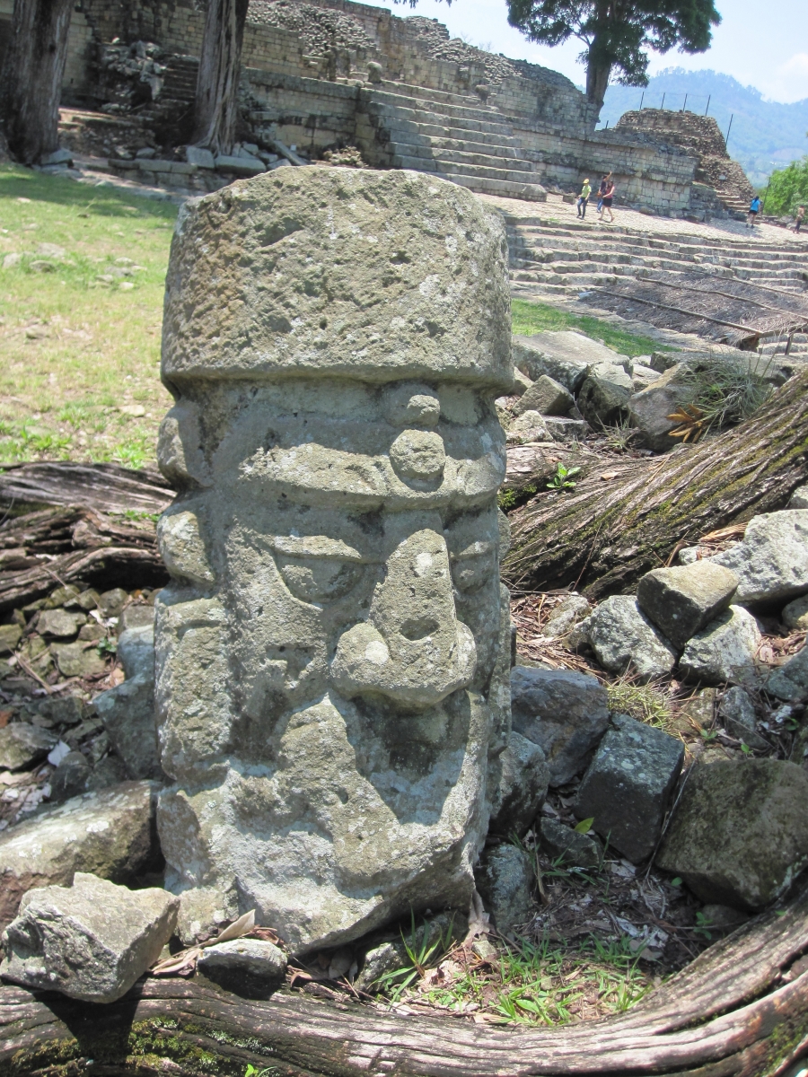 Maya ruins and sculpture of a head in Honduras.