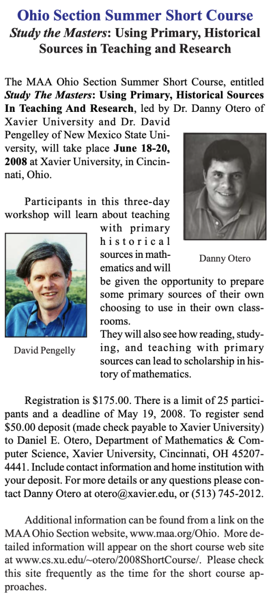 Advertisement for 2008 Ohio Section Short Course on using primary sources to teach mathematics.