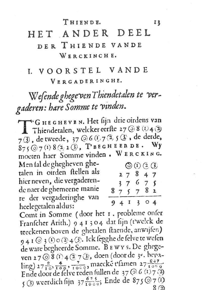 Sums of decimal fractions from De Thiende