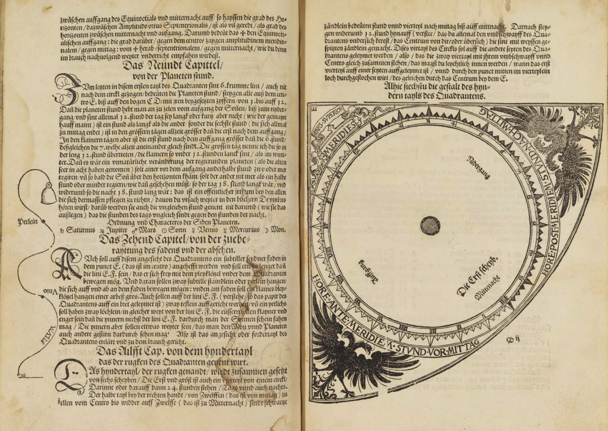 Page from Peter Apian's 1533 Instrument Buch with text and diagrams of the parts of a quadrant.