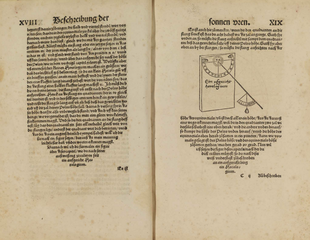 Pages 18-19 from Munster's 1537 Fürmalung vnd künstlich Beschreibung der Horologien.