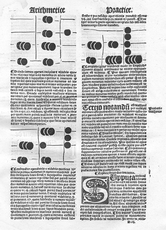 First sample page of abacus instruction from Liber arithmetice practice by Joannes Blasius Martinus Silcaeus, 1513