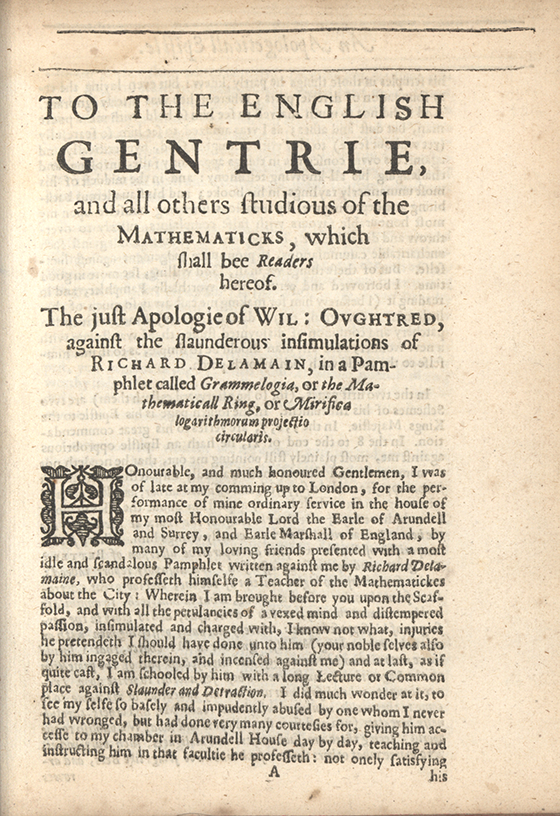 First page from the pamphlet To the English gentrie... by William Oughtred, 1633