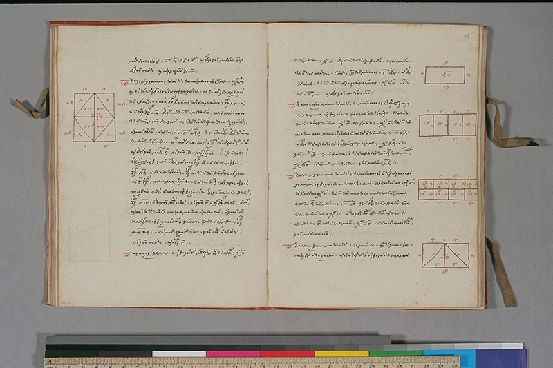 Folios 28 (verso) and 29 of manuscript copy of Hero of Alexandria's commentary on Euclid's Elements, from the 16th centur