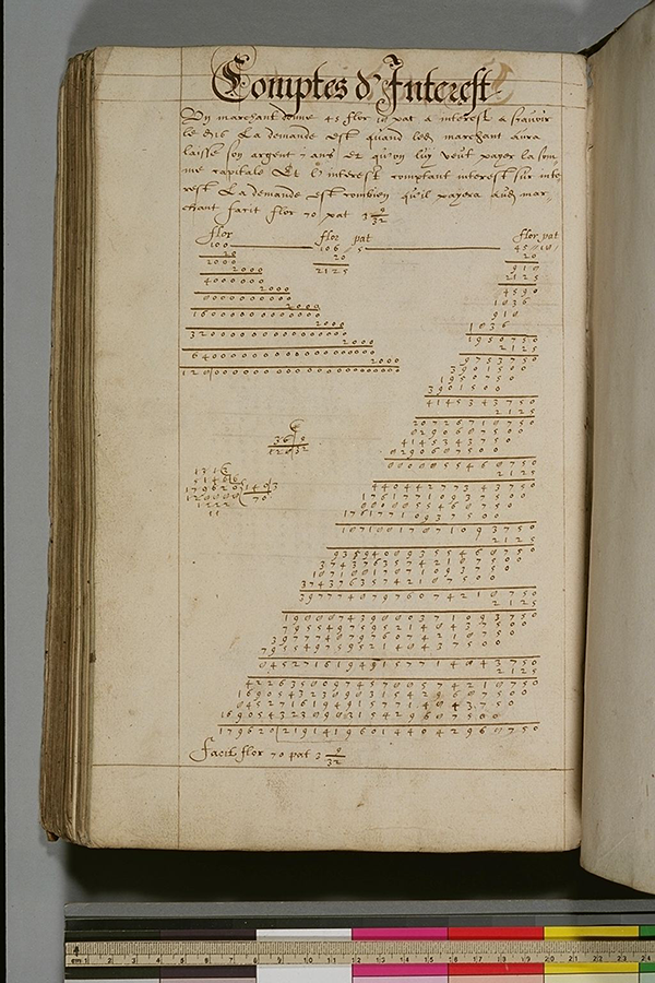 Folio 123 (verso) of a Flemish commercial arithemtic manuscript, circa 1600