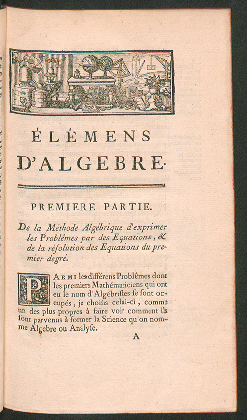 Page one of Élémens d’Algebre, third edition,  by Alexis Claude Clairaut, 1760