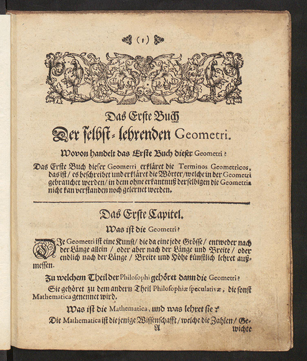 First page of Selbst-Lehrende Geometrie by Jacob Malconet, 1700