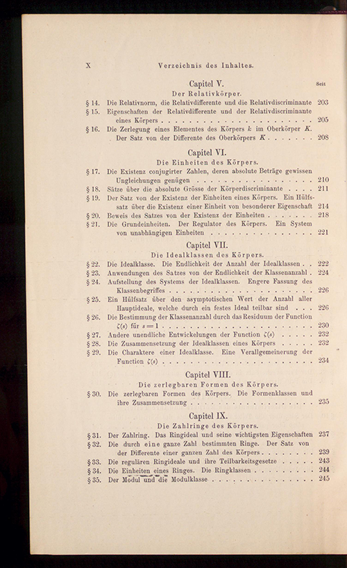 Page 2 of the table of contents to Part I of Die Theorie der algebraischen Zahlkörper by David Hilbert, 1897