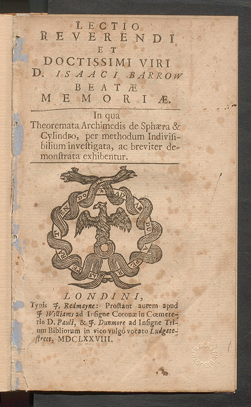 Title page of Isaac Barrow's published lecture on Archimedes' theories, 1678