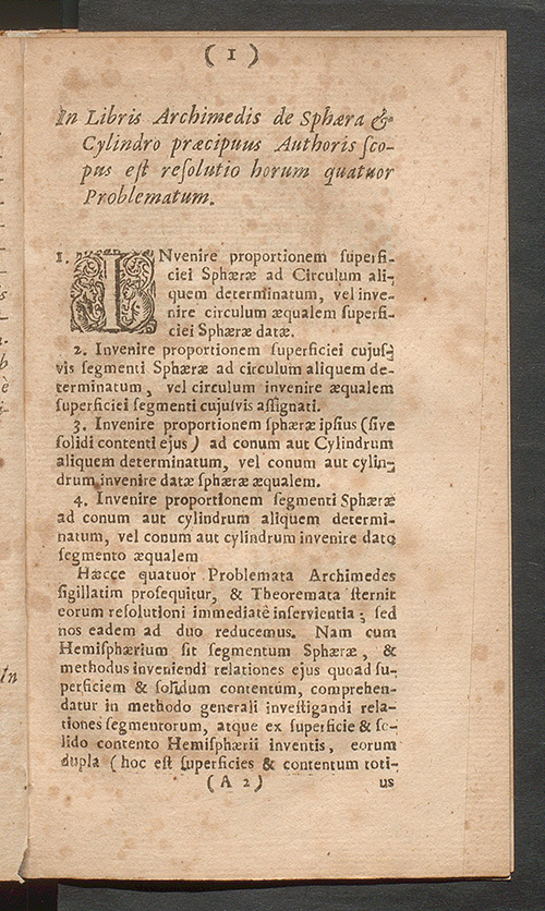 First page of Isaac Barrow's published lecture on Archimedes' theories, 1678