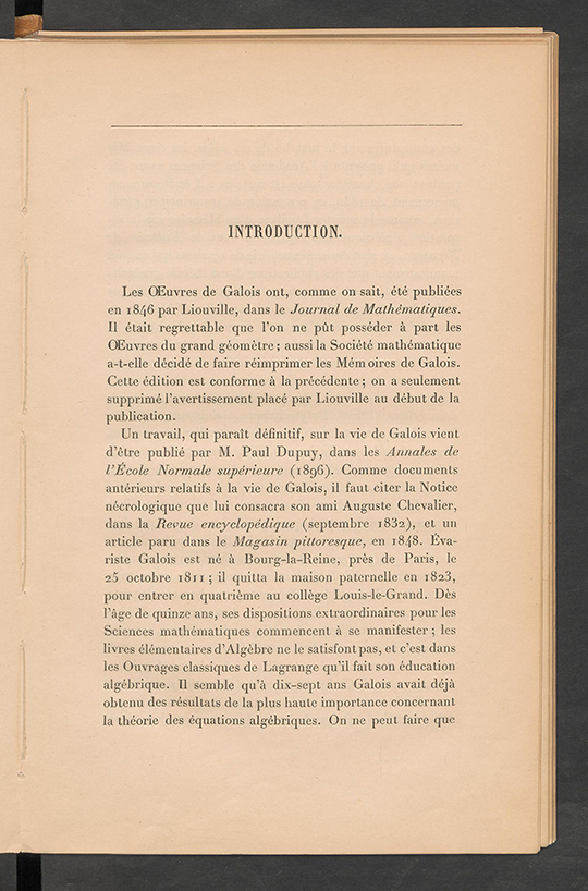 First page of Introduction to Oeuvres Mathematiques by Evariste Galois, 1897