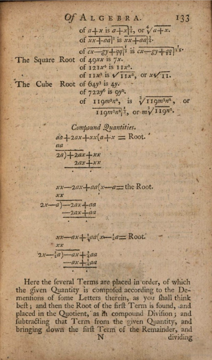 Page 133 from The Analyst, or an Introduction to the Mathematics, an anonymous textbook published in 1746.