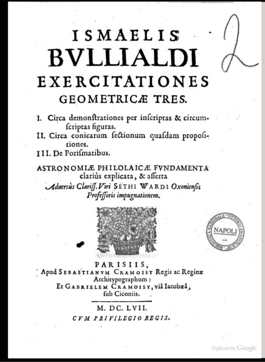 Title page of Ismael Boulliau's 1647 Exercitationes geometricæ tres.