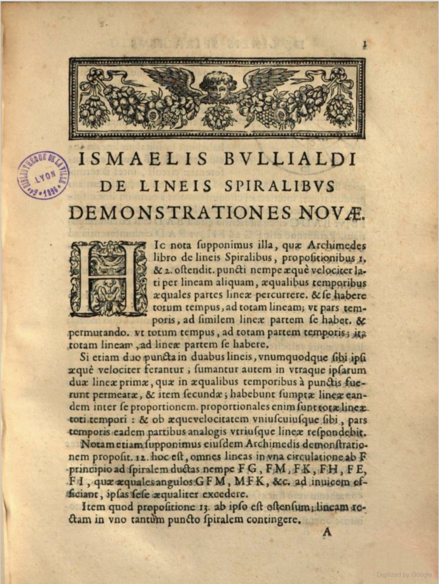 Page 1 from Ismael Boulliau's 1657 De lineis spiralibus.