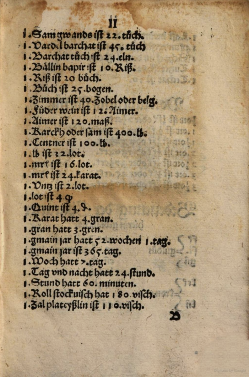 Table of measurements from Gallus Spänlin's 1546 Arithmetica.