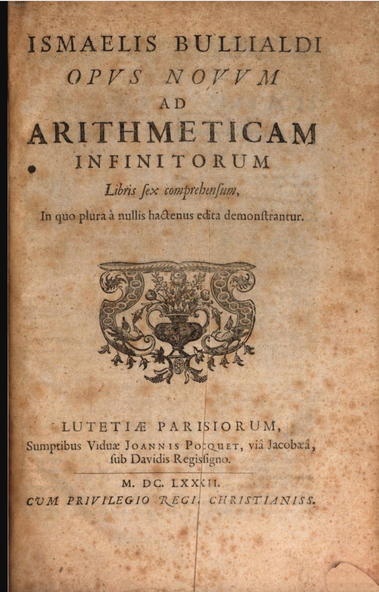 Title page of Ismael Boulliau's 1682 Opus novum ad arithmeticam infinitorum.