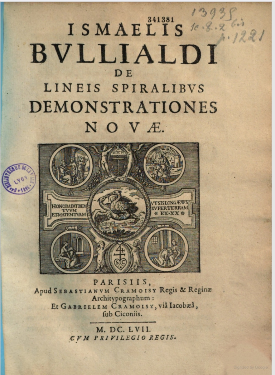 Title page from Ismael Boulliau's 1657 De lineis spiralibus.