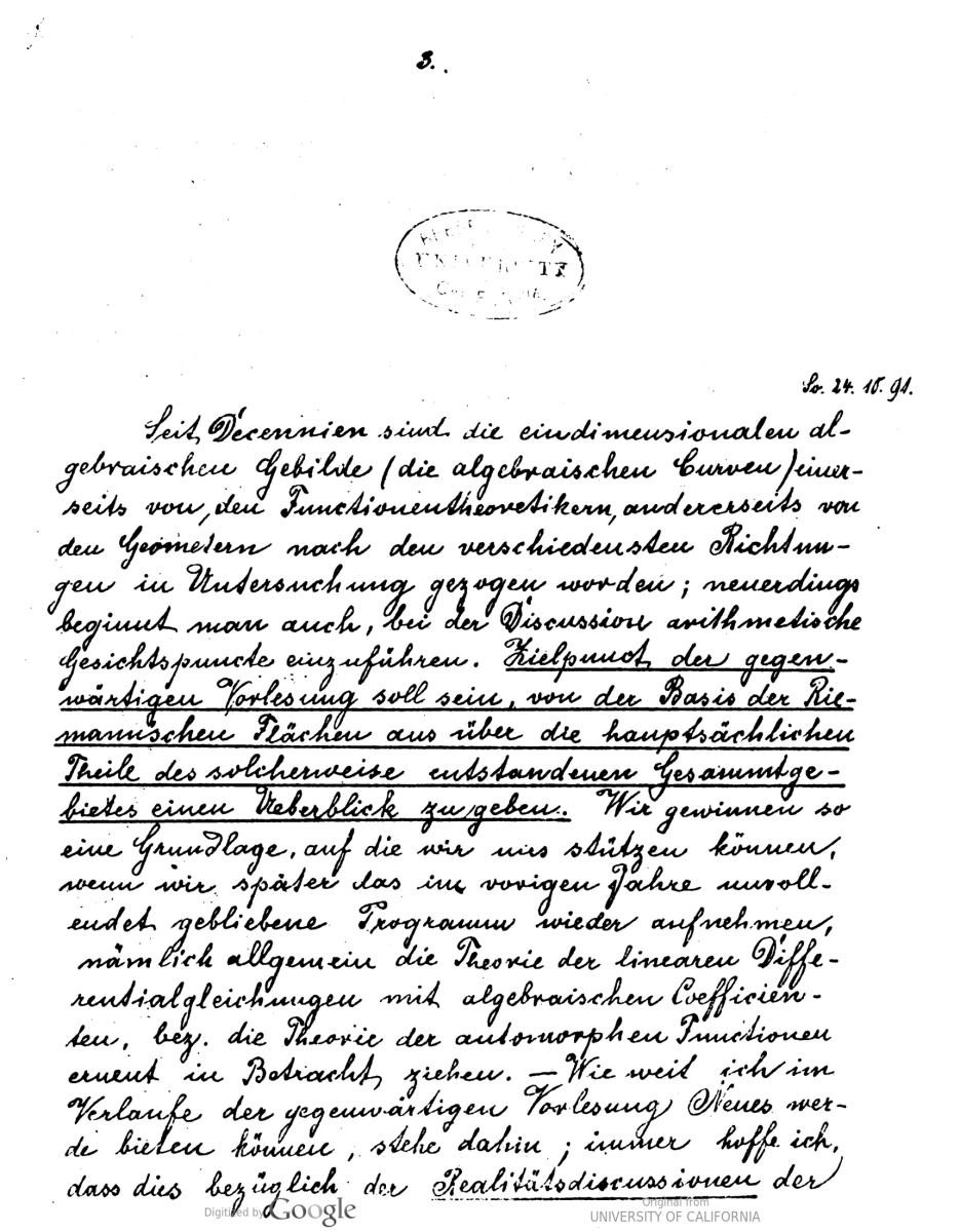 Page 1 from handwritten copy of Klein's lecture notes on Riemann Surfaces, 1892.