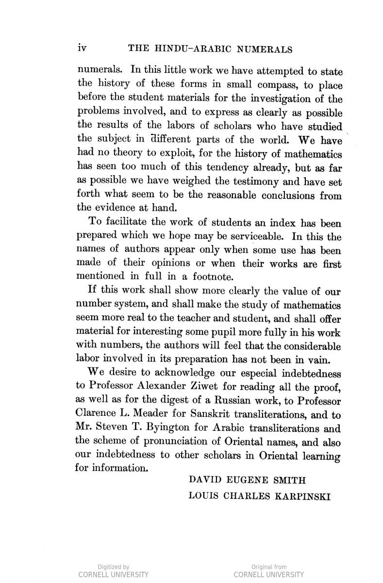 Page iv from The Hindu-Arabic Numerals (1911) by Smith and Karpinski.