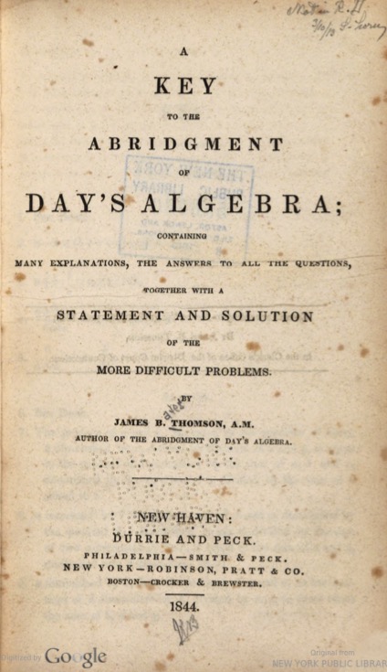 Title page for Key to the Abridgment of Day's Algebra.