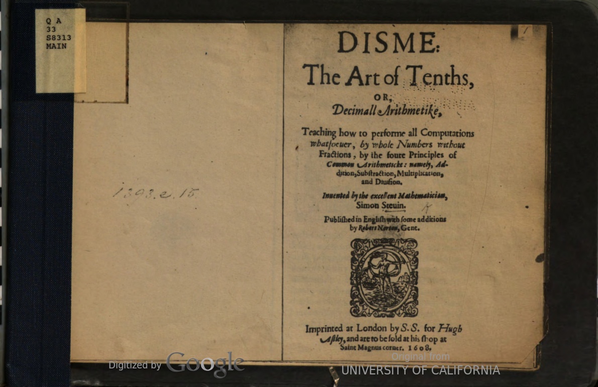 Title page of Robert Norton's 1608 translation of Stevin's work on decimals.