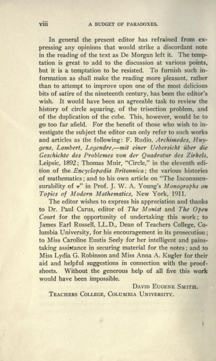 Third page of D. E. Smith's preface to De Morgan's Budget of Paradoxes (1915).