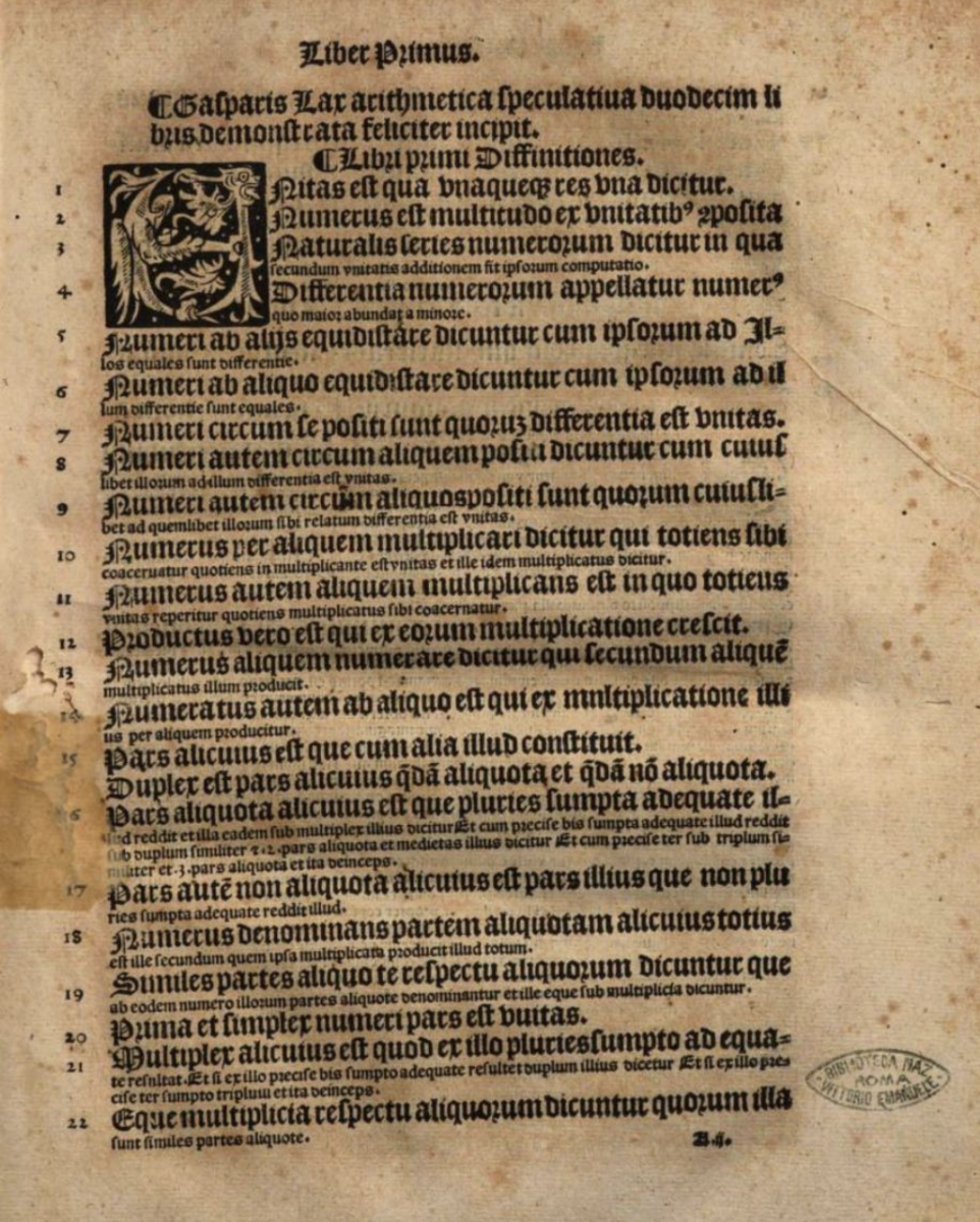 First page of Book I of Gaspar Lax's 1515 Arithmetica speculativa.