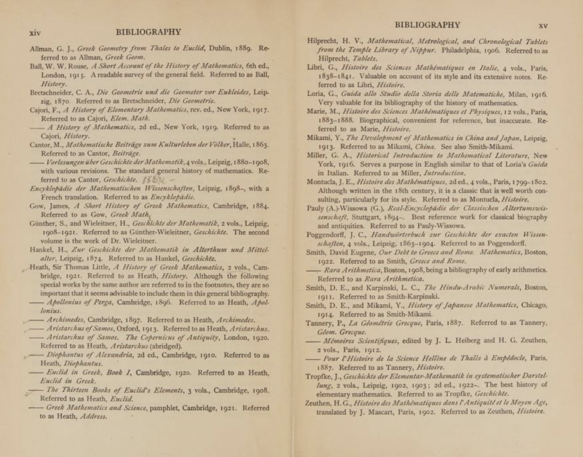 Pages xiv-xv from D. E. Smith's 1923 History of Mathematics.