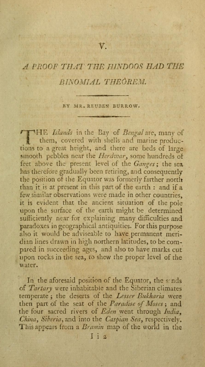 First page of "A Proof that the Hindoos Had the Binomial Theorem."