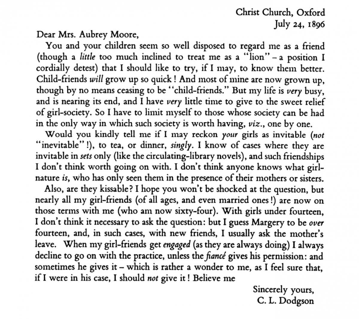 Charles Dodgson letter to Mrs. Moore (1896), edited by Morton Cohen.