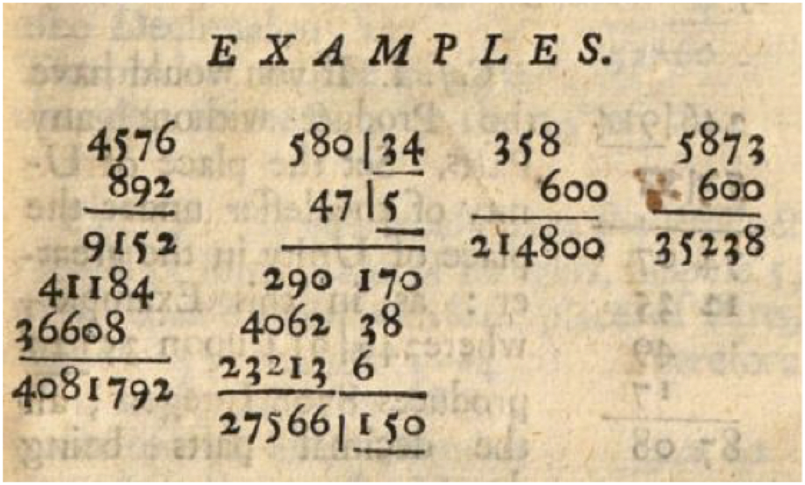 Multiplication examples from Oughtred's Key of the Mathematicks.