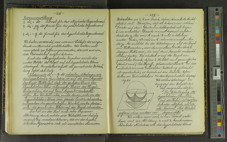 Image of pages 228 and 229 of Klein's "Not Euclidean" Geometry