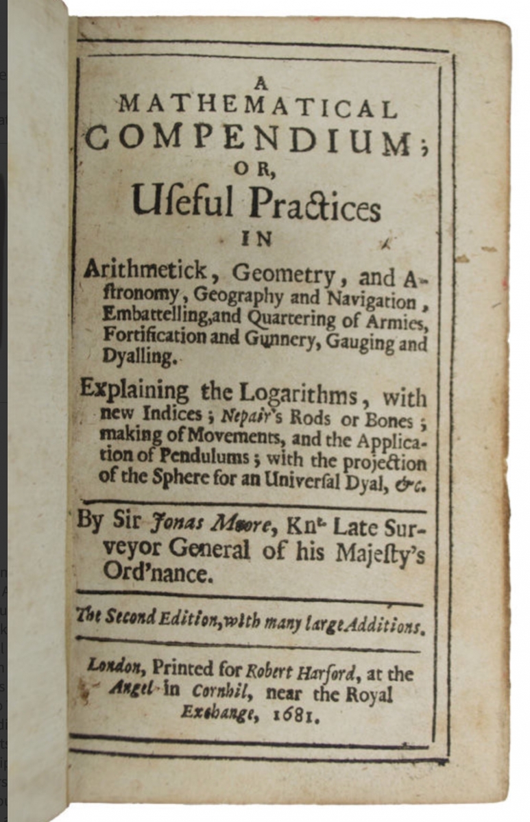 Title page of 1681 second edition of Jonas Moore's Mathematical Compendium.