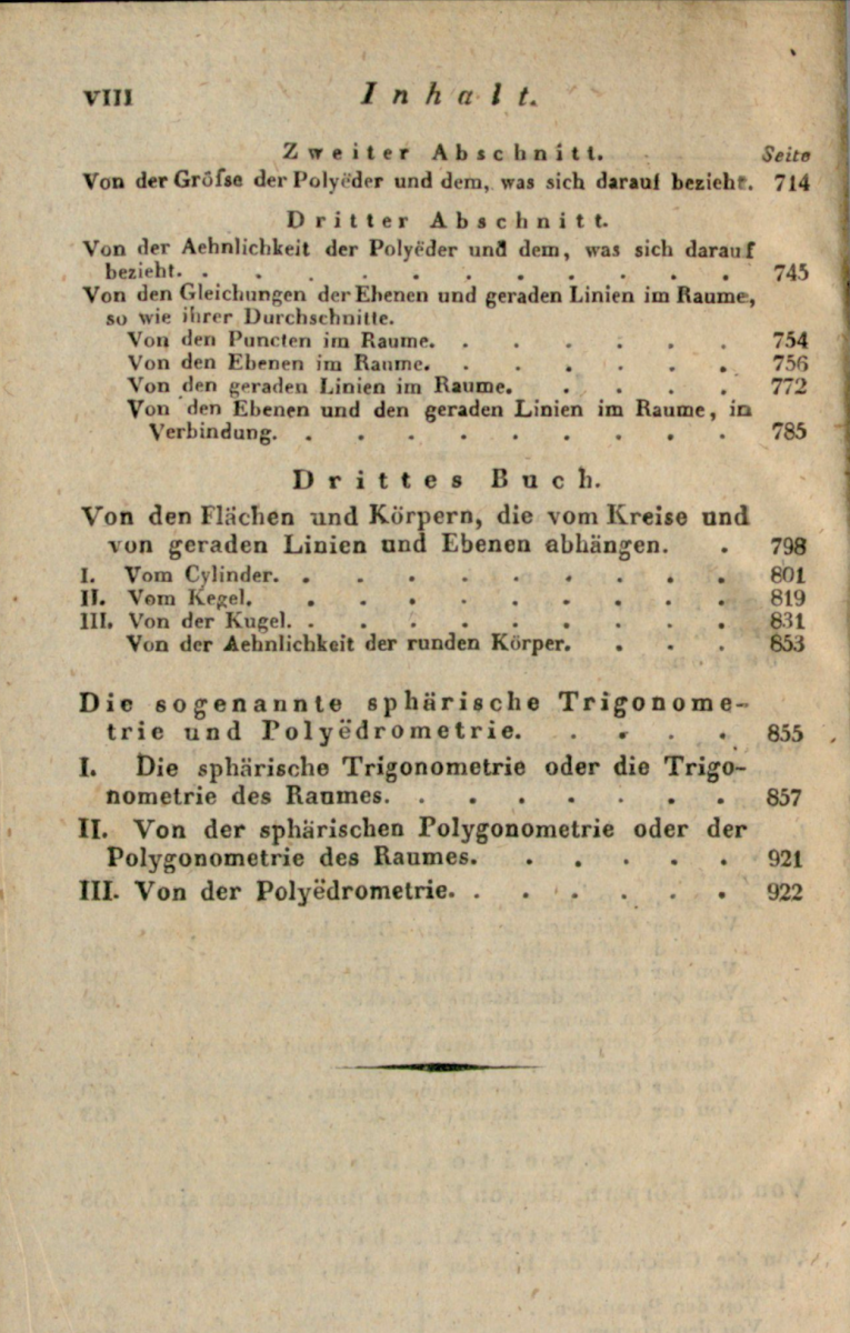 Page viii showing the second page of the table of contents for Crelle's geometry textbook.