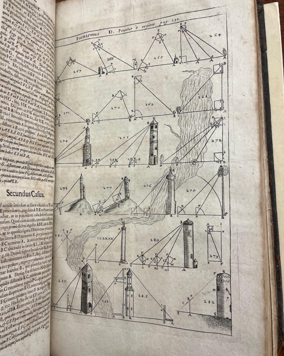 Diagrams related to computing tower heights from Gaspar Schott's 1661 Cursus Mathematicus.