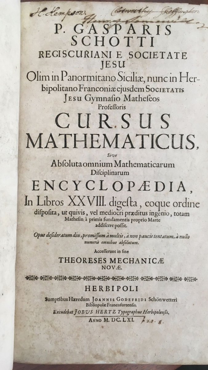 Title page from Gaspar Schott's 1661 Cursus Mathematicus.