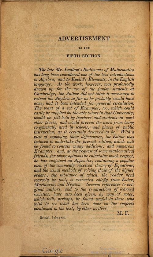 Editor's Advertisement to Rudiments of Mathematics by William Ludlam, 1809 edition