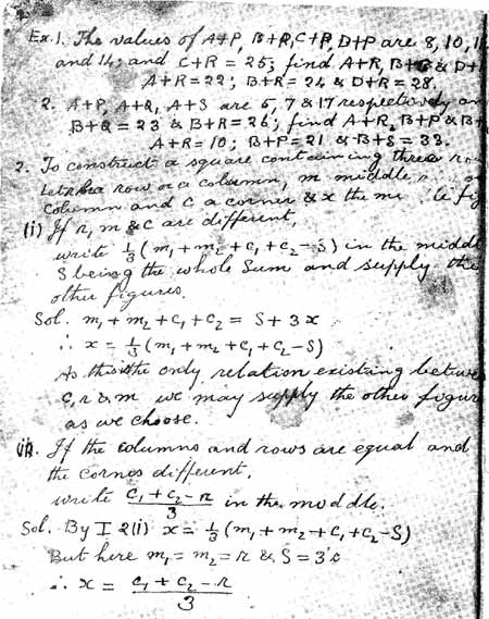 Page from Ramanujan's notebooks, dealing with magic squares.