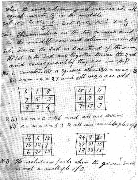 Page from Ramanujan's notebooks, dealing with magic squares.